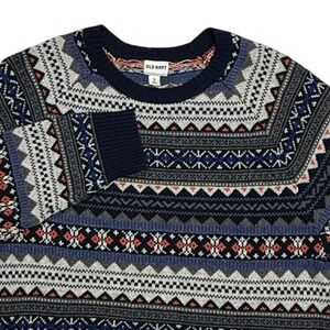 Old Navy Sweater Mens XL Gray Black Blue Fair Isle Nordic Crew Neck Pullover